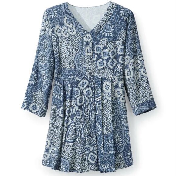 NorthStyle V-Neck Pleated Boho Geometric Pattern 3/4 Sleeve Tunic Size Medium - Picture 1 of 9